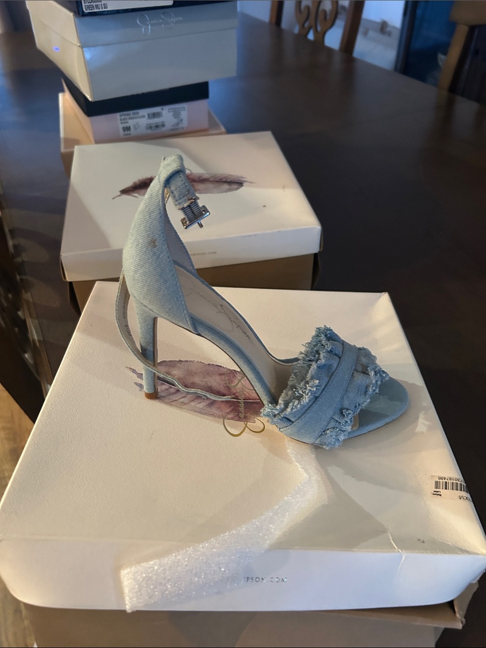 Jessica Simpson Light Blue Frayed Denim Ankle-Strap Heels